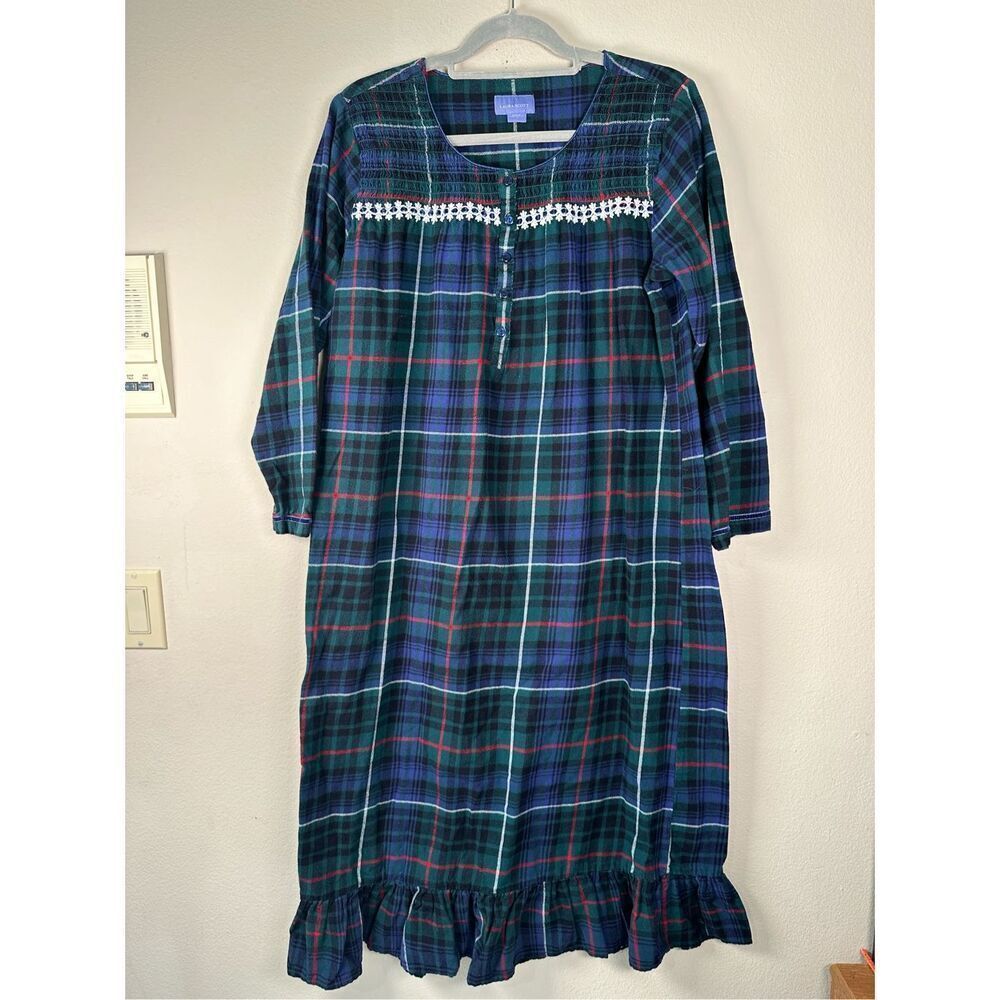Laura Scott Plaid Flannel Nightgown Women’s Large – Long Sleeve Cottagecore Prai